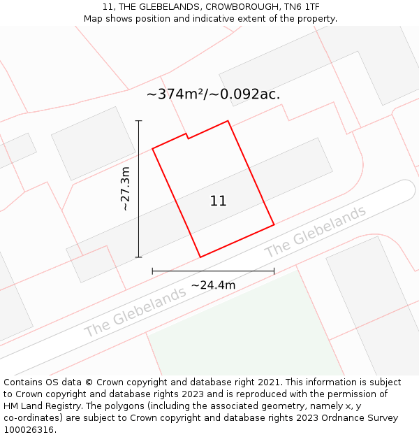 11, THE GLEBELANDS, CROWBOROUGH, TN6 1TF: Plot and title map