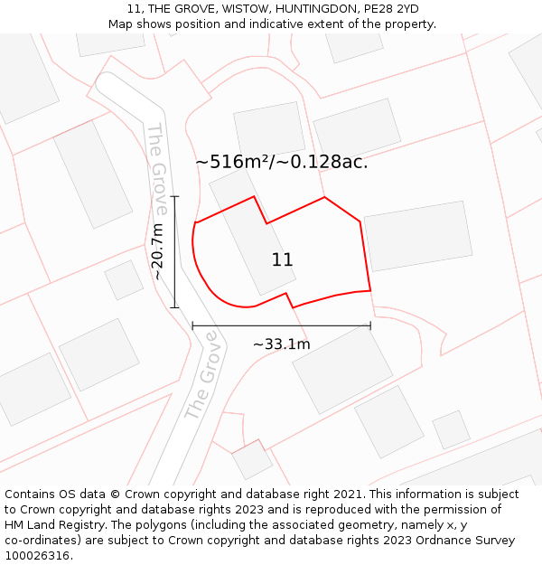 11, THE GROVE, WISTOW, HUNTINGDON, PE28 2YD: Plot and title map