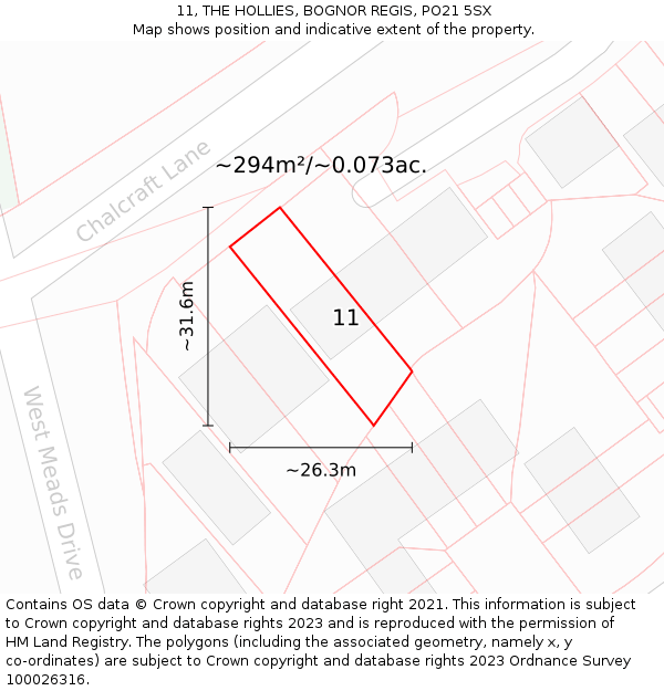 11, THE HOLLIES, BOGNOR REGIS, PO21 5SX: Plot and title map