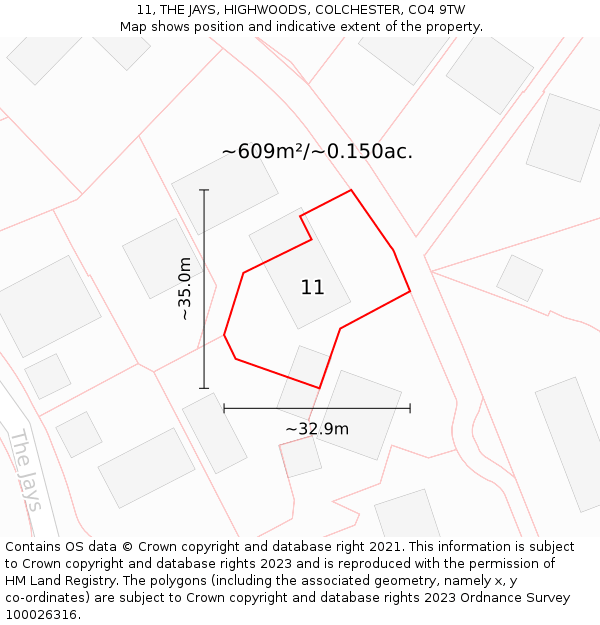 11, THE JAYS, HIGHWOODS, COLCHESTER, CO4 9TW: Plot and title map