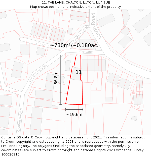 11, THE LANE, CHALTON, LUTON, LU4 9UE: Plot and title map