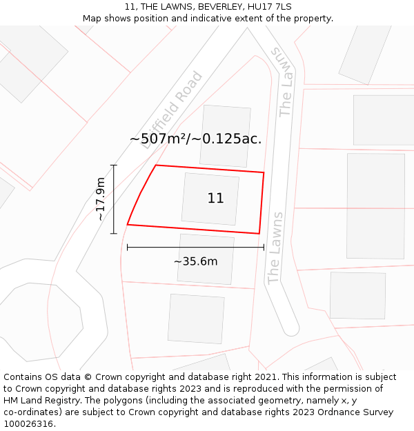 11, THE LAWNS, BEVERLEY, HU17 7LS: Plot and title map