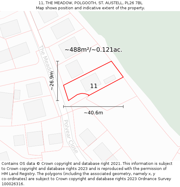 11, THE MEADOW, POLGOOTH, ST. AUSTELL, PL26 7BL: Plot and title map