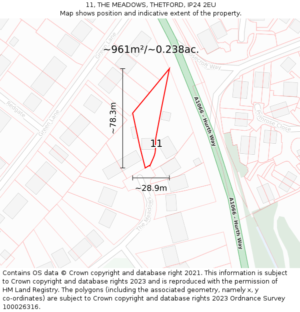 11, THE MEADOWS, THETFORD, IP24 2EU: Plot and title map