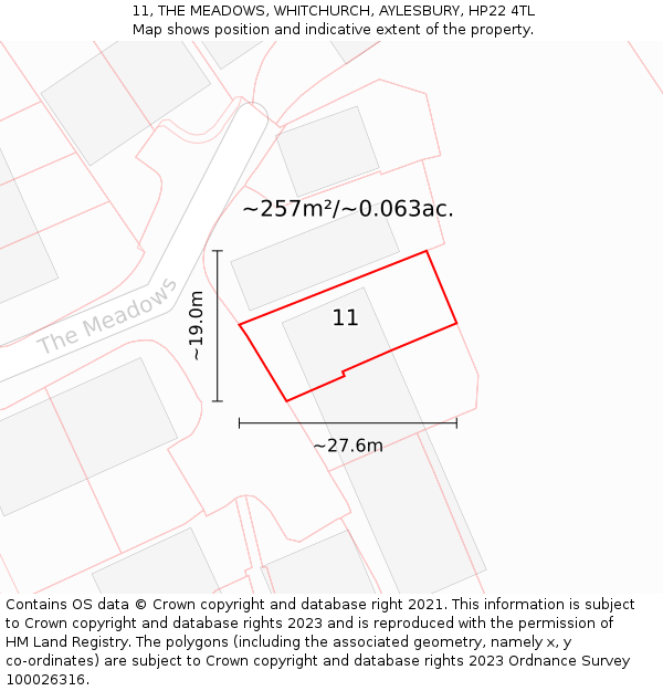 11, THE MEADOWS, WHITCHURCH, AYLESBURY, HP22 4TL: Plot and title map
