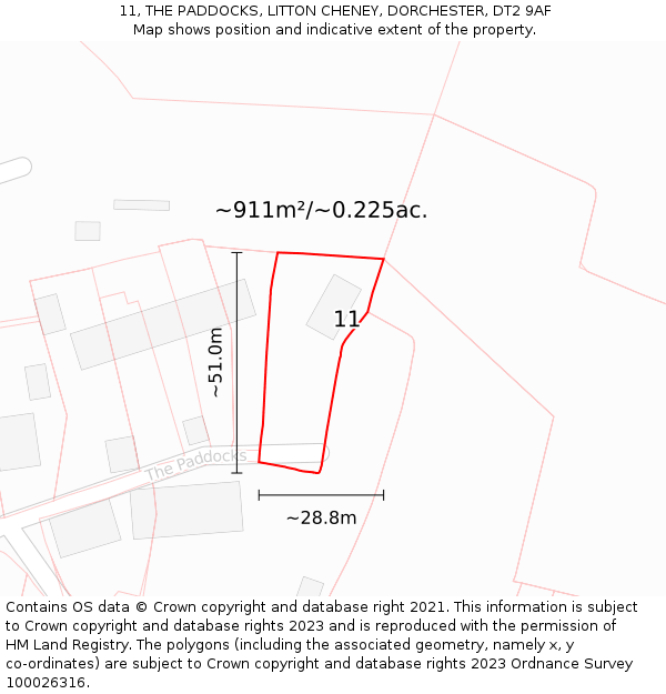 11, THE PADDOCKS, LITTON CHENEY, DORCHESTER, DT2 9AF: Plot and title map