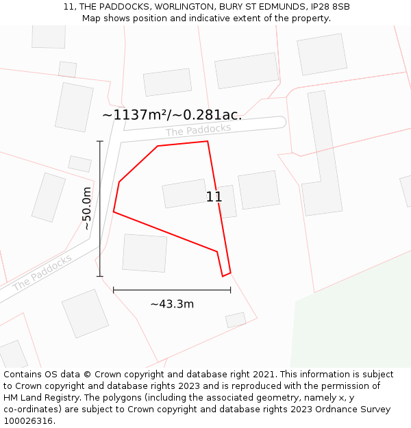 11, THE PADDOCKS, WORLINGTON, BURY ST EDMUNDS, IP28 8SB: Plot and title map