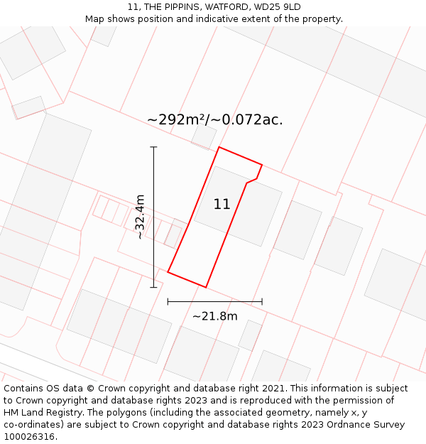 11, THE PIPPINS, WATFORD, WD25 9LD: Plot and title map
