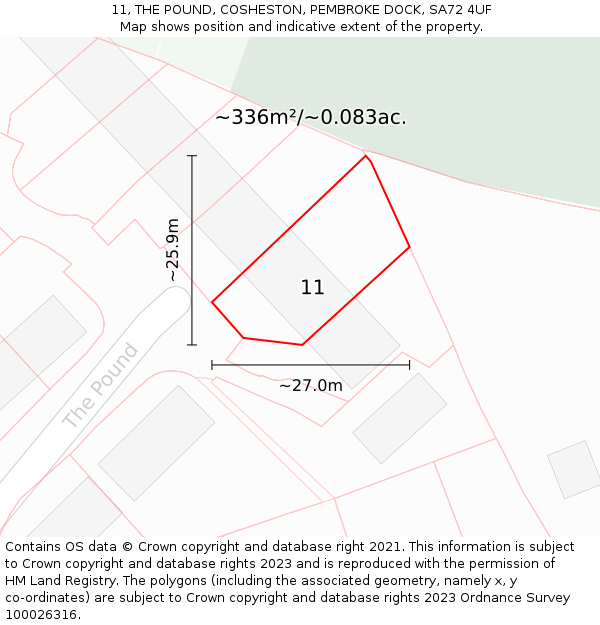 11, THE POUND, COSHESTON, PEMBROKE DOCK, SA72 4UF: Plot and title map