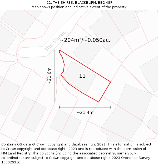 11, THE SHIRES, BLACKBURN, BB2 4SF: Plot and title map