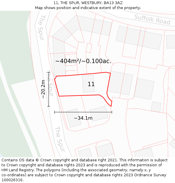 11, THE SPUR, WESTBURY, BA13 3AZ: Plot and title map