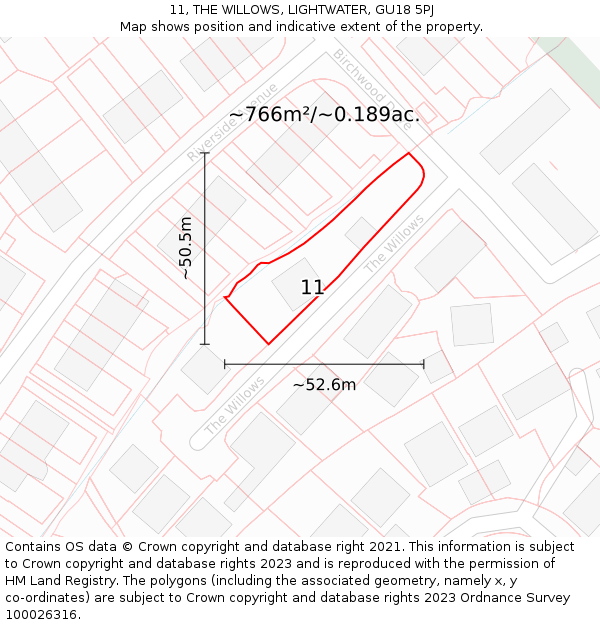 11, THE WILLOWS, LIGHTWATER, GU18 5PJ: Plot and title map