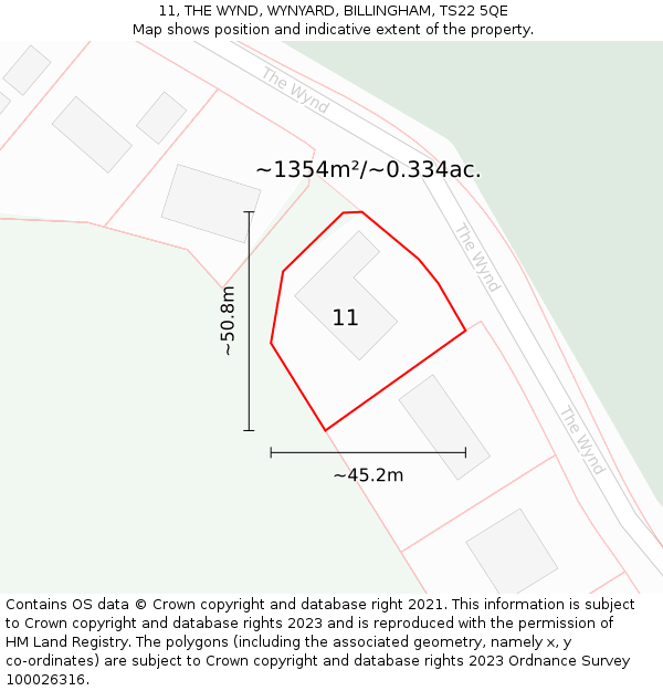 11, THE WYND, WYNYARD, BILLINGHAM, TS22 5QE: Plot and title map