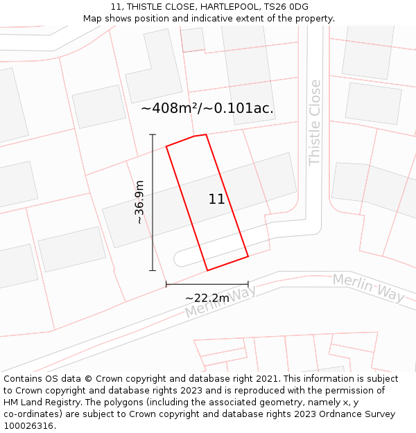 11, THISTLE CLOSE, HARTLEPOOL, TS26 0DG: Plot and title map