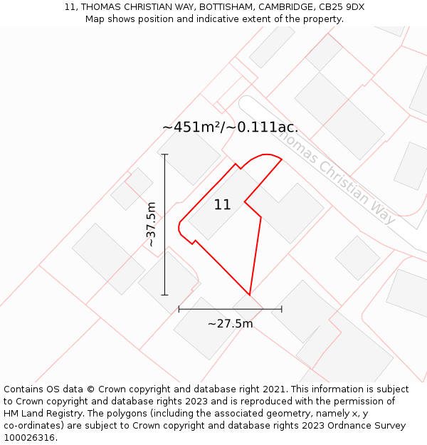 11, THOMAS CHRISTIAN WAY, BOTTISHAM, CAMBRIDGE, CB25 9DX: Plot and title map