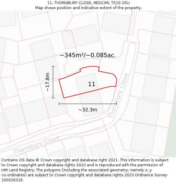 11, THORNBURY CLOSE, REDCAR, TS10 2SU: Plot and title map