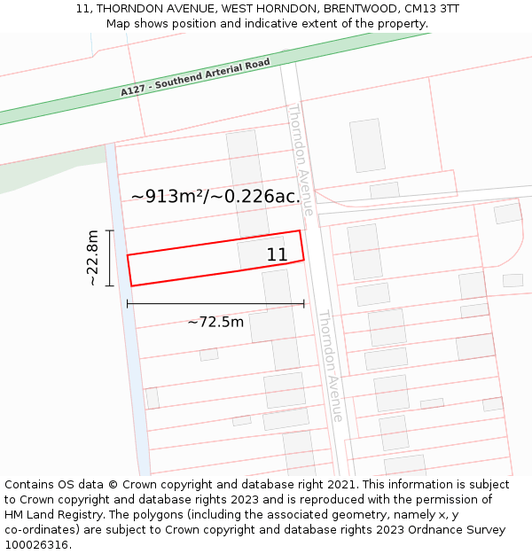 11, THORNDON AVENUE, WEST HORNDON, BRENTWOOD, CM13 3TT: Plot and title map