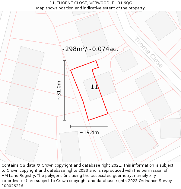 11, THORNE CLOSE, VERWOOD, BH31 6QG: Plot and title map