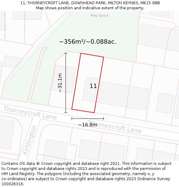 11, THORNEYCROFT LANE, DOWNHEAD PARK, MILTON KEYNES, MK15 9BB: Plot and title map