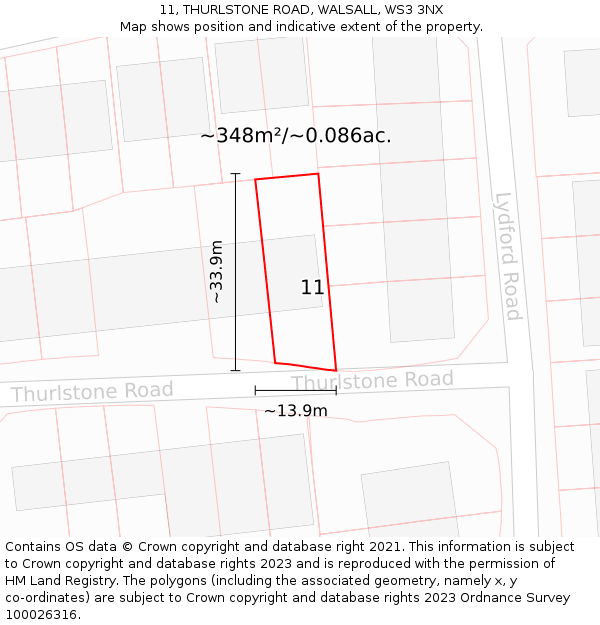 11, THURLSTONE ROAD, WALSALL, WS3 3NX: Plot and title map