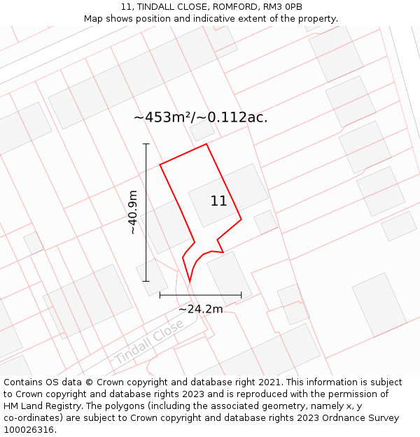 11, TINDALL CLOSE, ROMFORD, RM3 0PB: Plot and title map