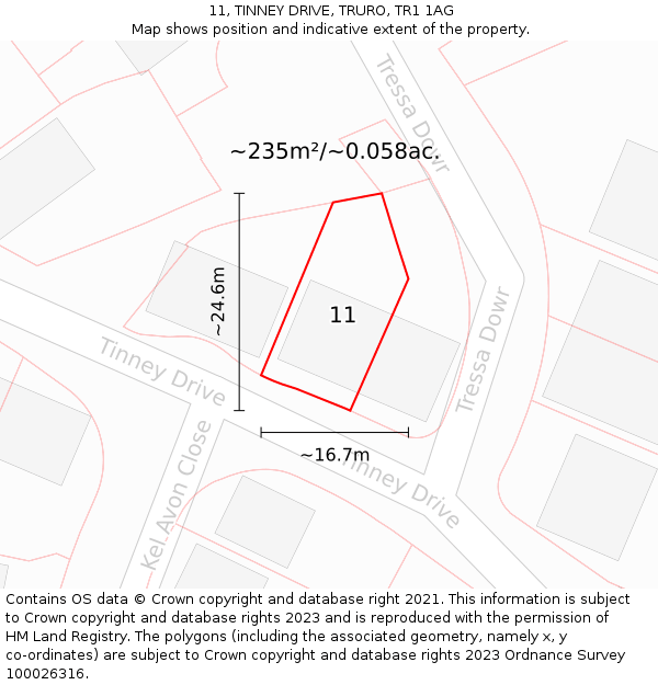 11, TINNEY DRIVE, TRURO, TR1 1AG: Plot and title map