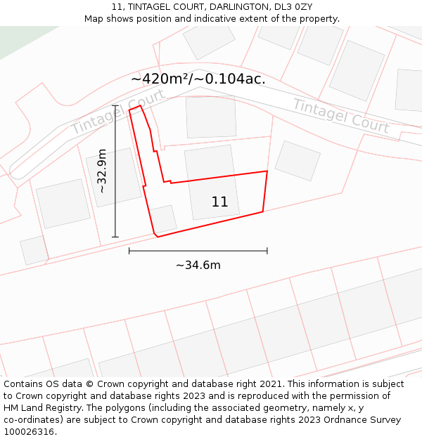 11, TINTAGEL COURT, DARLINGTON, DL3 0ZY: Plot and title map