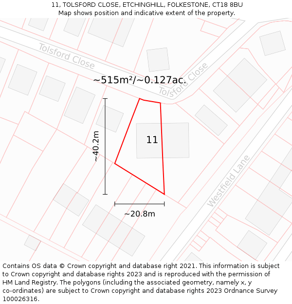 11, TOLSFORD CLOSE, ETCHINGHILL, FOLKESTONE, CT18 8BU: Plot and title map