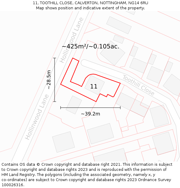 11, TOOTHILL CLOSE, CALVERTON, NOTTINGHAM, NG14 6RU: Plot and title map