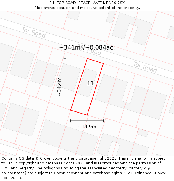 11, TOR ROAD, PEACEHAVEN, BN10 7SX: Plot and title map