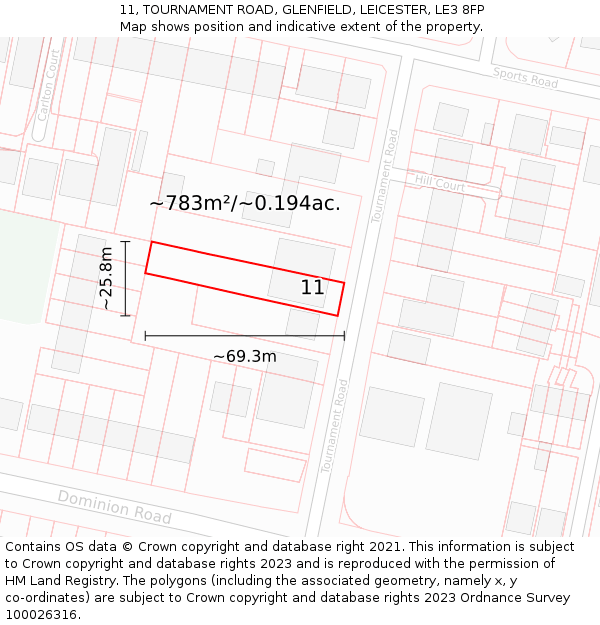 11, TOURNAMENT ROAD, GLENFIELD, LEICESTER, LE3 8FP: Plot and title map