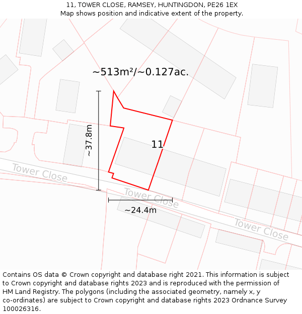 11, TOWER CLOSE, RAMSEY, HUNTINGDON, PE26 1EX: Plot and title map