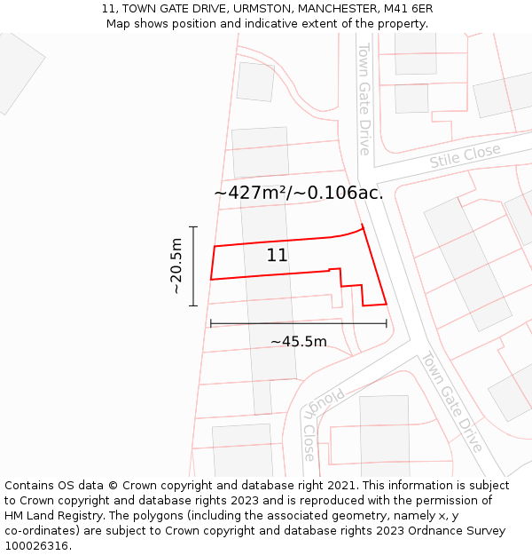 11, TOWN GATE DRIVE, URMSTON, MANCHESTER, M41 6ER: Plot and title map