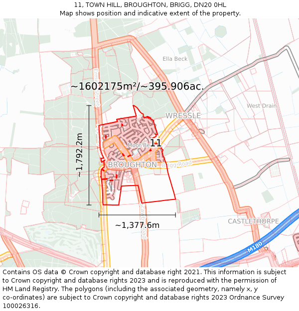 11, TOWN HILL, BROUGHTON, BRIGG, DN20 0HL: Plot and title map