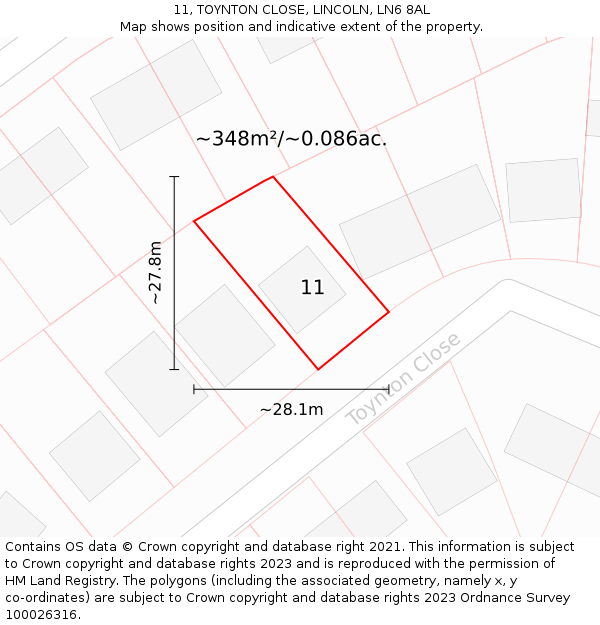 11, TOYNTON CLOSE, LINCOLN, LN6 8AL: Plot and title map