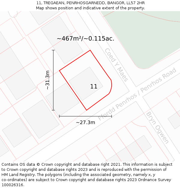 11, TREGAEAN, PENRHOSGARNEDD, BANGOR, LL57 2HR: Plot and title map