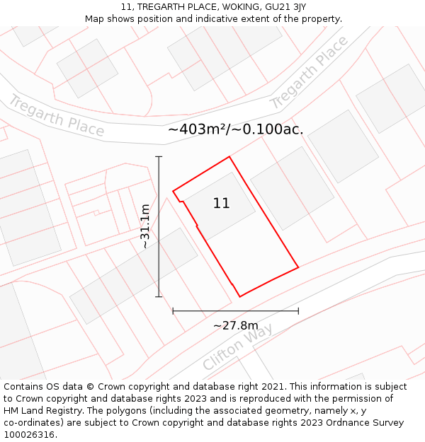 11, TREGARTH PLACE, WOKING, GU21 3JY: Plot and title map