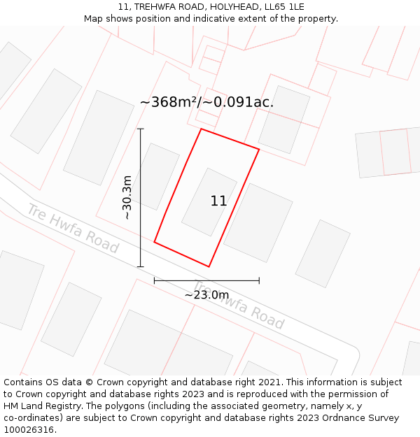 11, TREHWFA ROAD, HOLYHEAD, LL65 1LE: Plot and title map