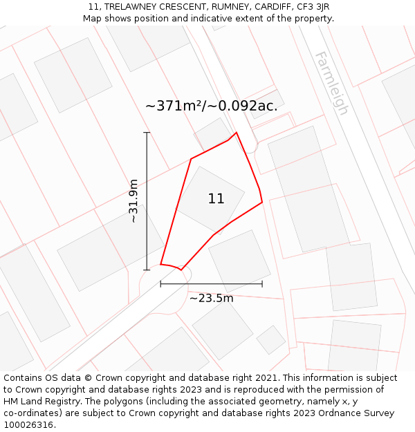 11, TRELAWNEY CRESCENT, RUMNEY, CARDIFF, CF3 3JR: Plot and title map