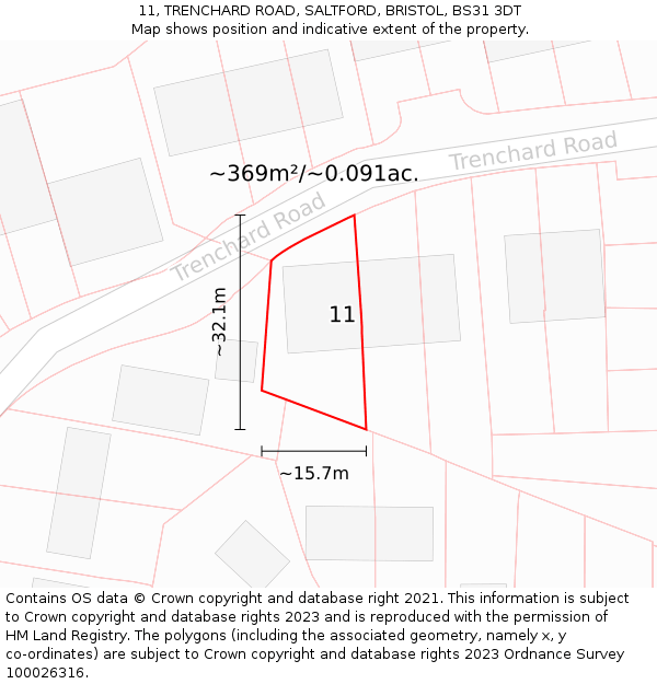 11, TRENCHARD ROAD, SALTFORD, BRISTOL, BS31 3DT: Plot and title map