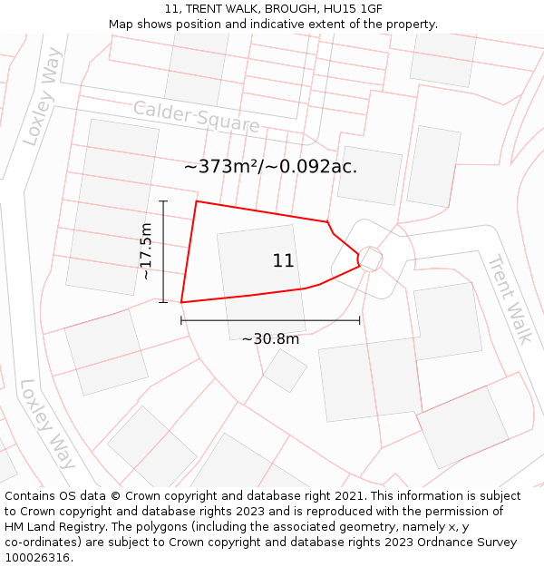 11, TRENT WALK, BROUGH, HU15 1GF: Plot and title map