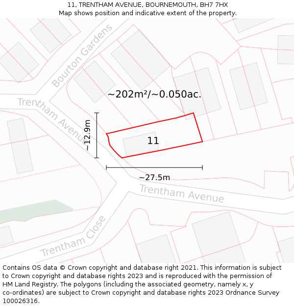 11, TRENTHAM AVENUE, BOURNEMOUTH, BH7 7HX: Plot and title map