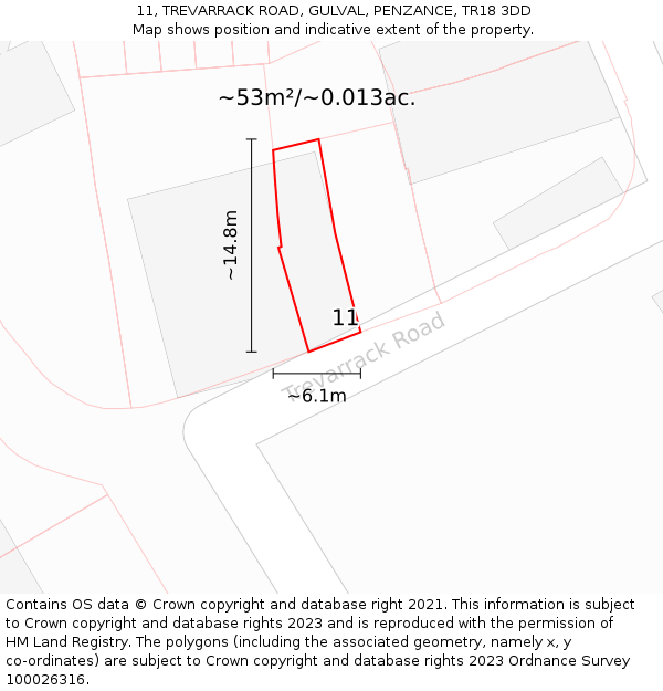 11, TREVARRACK ROAD, GULVAL, PENZANCE, TR18 3DD: Plot and title map