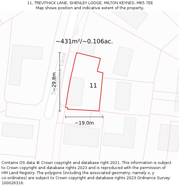 11, TREVITHICK LANE, SHENLEY LODGE, MILTON KEYNES, MK5 7EE: Plot and title map