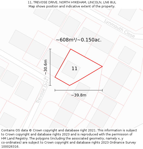 11, TREVOSE DRIVE, NORTH HYKEHAM, LINCOLN, LN6 8UL: Plot and title map