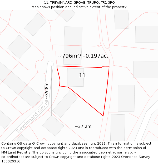 11, TREWINNARD GROVE, TRURO, TR1 3RQ: Plot and title map