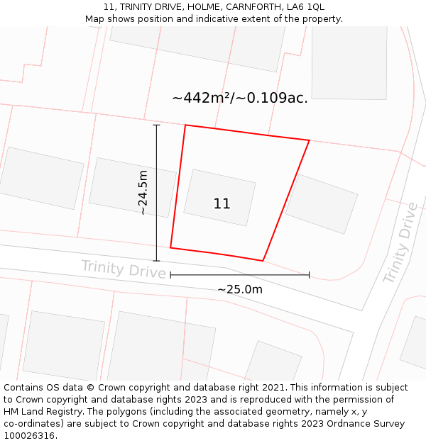 11, TRINITY DRIVE, HOLME, CARNFORTH, LA6 1QL: Plot and title map