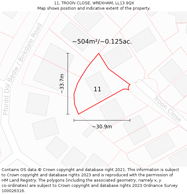 11, TROON CLOSE, WREXHAM, LL13 9QX: Plot and title map