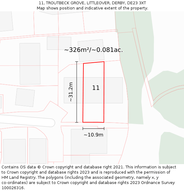 11, TROUTBECK GROVE, LITTLEOVER, DERBY, DE23 3XT: Plot and title map