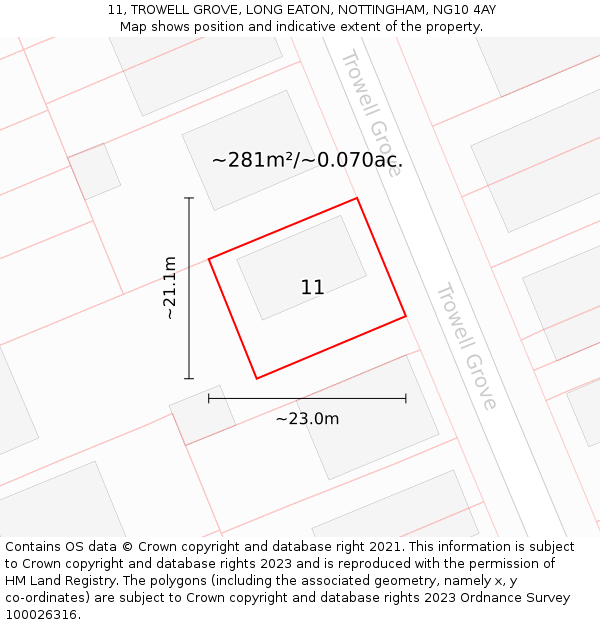 11, TROWELL GROVE, LONG EATON, NOTTINGHAM, NG10 4AY: Plot and title map